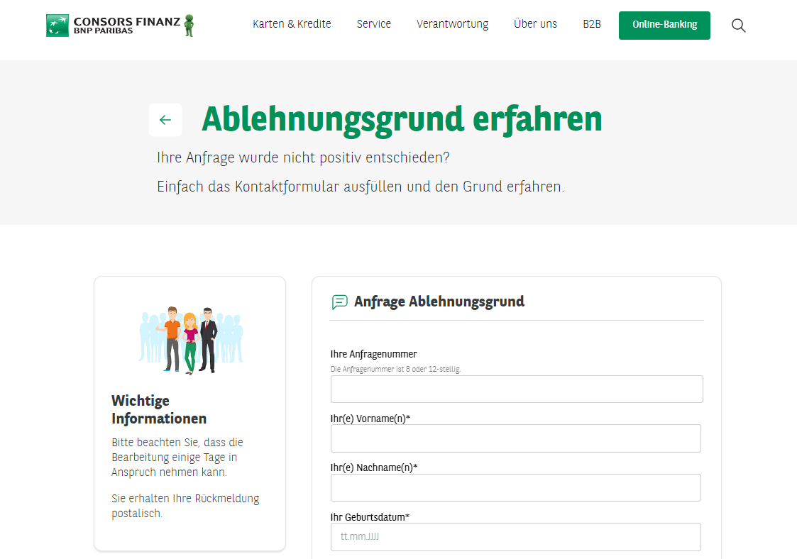 Kontaktformular der Consors Finanz für Kreditablehnungen
